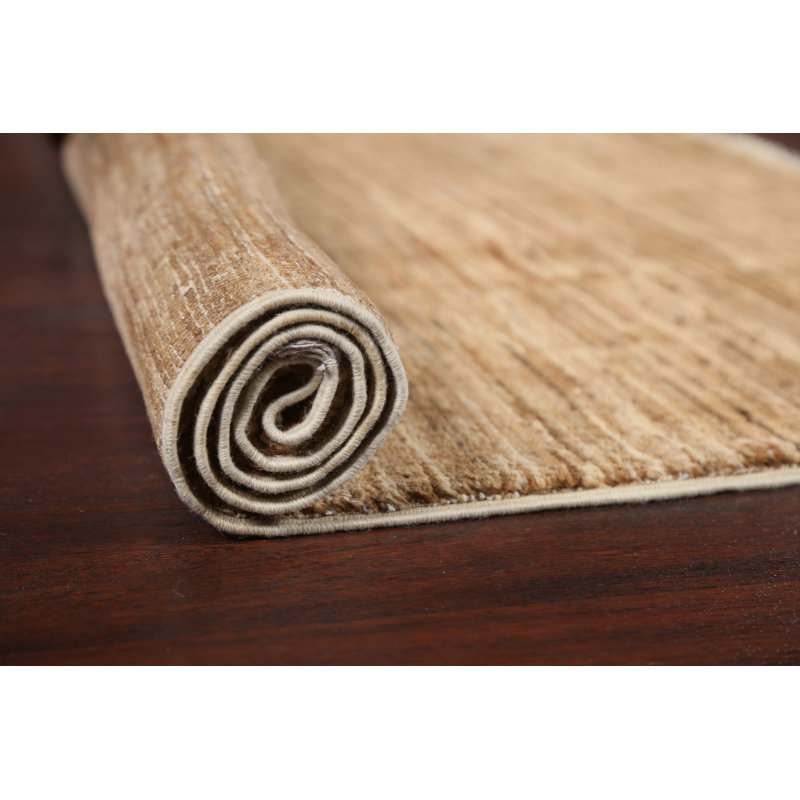 Tapis beige en laine noué à la main de conception unique 4 pi 6 po x 7 pi 10 po New Age