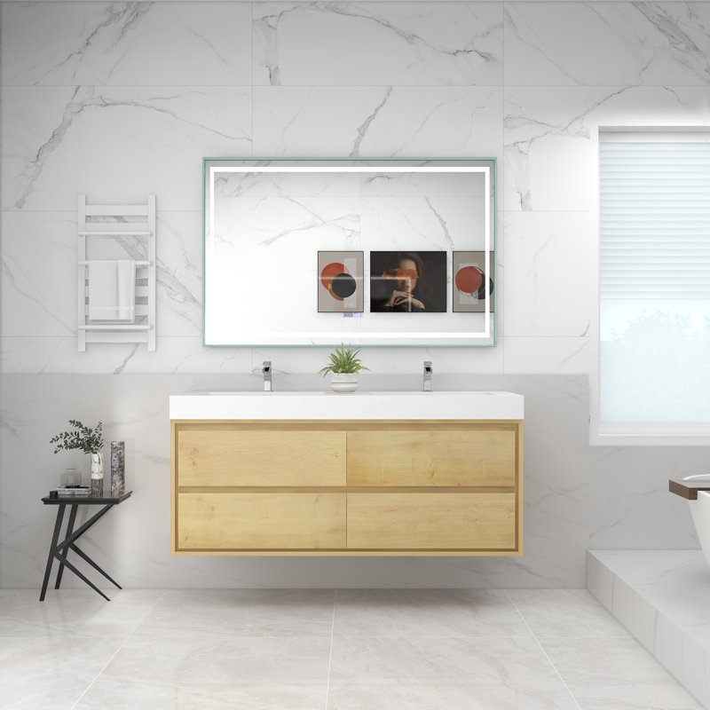 Base de meuble-lavabo mural 60 po avec dessus en acrylique renforcé Noble Moreno, Blanc