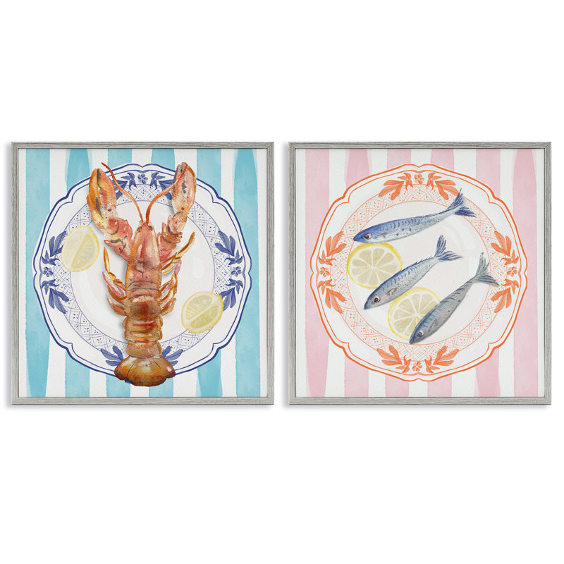 Ensemble de 2 giclées encadrées homard et sardines, design par Christie Adams, H 12 po x l 12 po