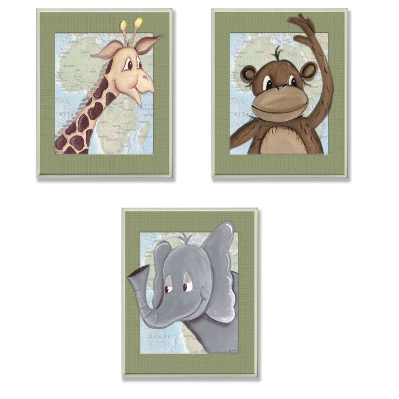 «Giraffe, Monkey, Elephant Triptych», ensemble de 3 impressions murales sur bois