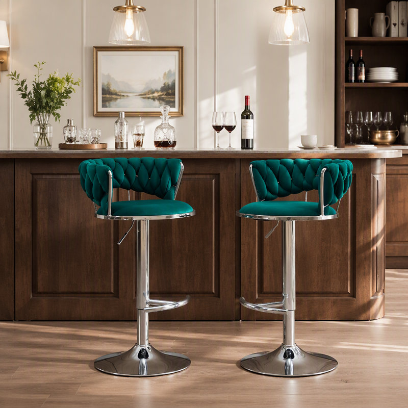Ensemble de 2 tabourets de bar, avec repose-pieds chromé et base pivotante à hauteur réglable en velours + tabouret de bar simple à pieds chromés - Vert