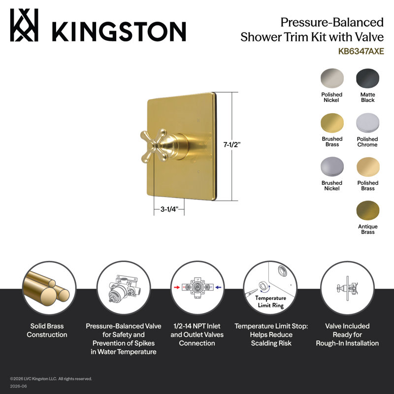 Kingston Brass Revival Single-Handle Pressure Balanced Tub and Shower Faucet Valve and Trim Kit, Polished Nickel