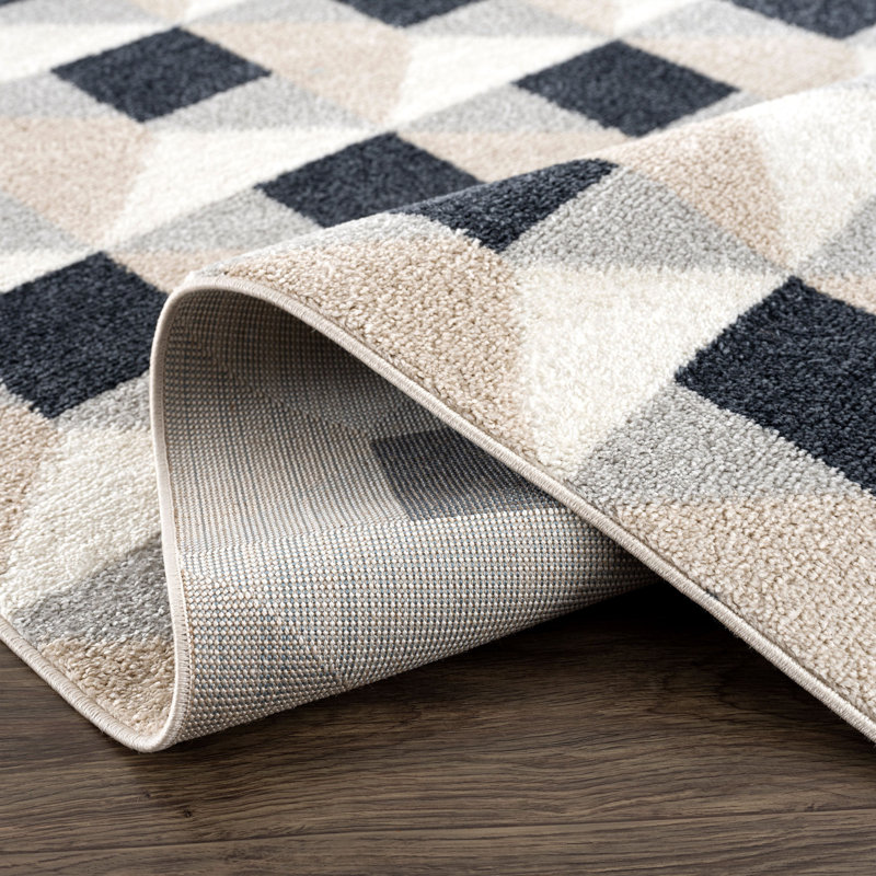 Gradislava NUE100A Square Grid Pattern Cream Black Area Rug, Rectangle 5'3" x 7'6"