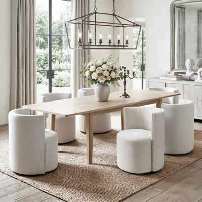 72"-104" Extendable Wood Veneer Dining Table Set with 6 Hidden-Caster Armchairs
