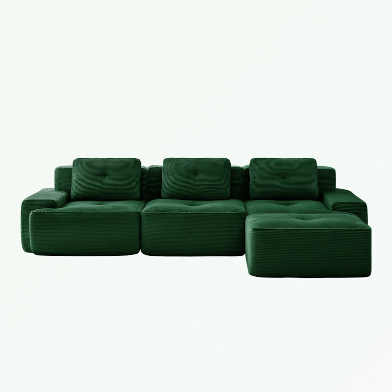 Canapé modulaire en L en velours côtelé avec siège profond et repose-pieds mobile, Velours côtelé vert