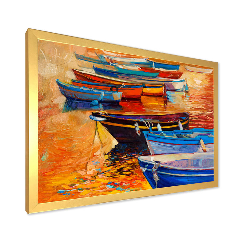 Bateaux dans le port au coucher du soleil chaud - Peinture sur toile, Encadrement doré, H 12 po x l 20 po x p 1 po