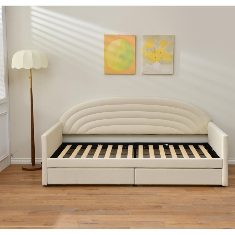 Lit de jour rembourré avec rangement à 2 tiroirs, structure de canapé-lit à usages multiples de taille simple, support à lattes en bois massif pour petite chambre à coucher