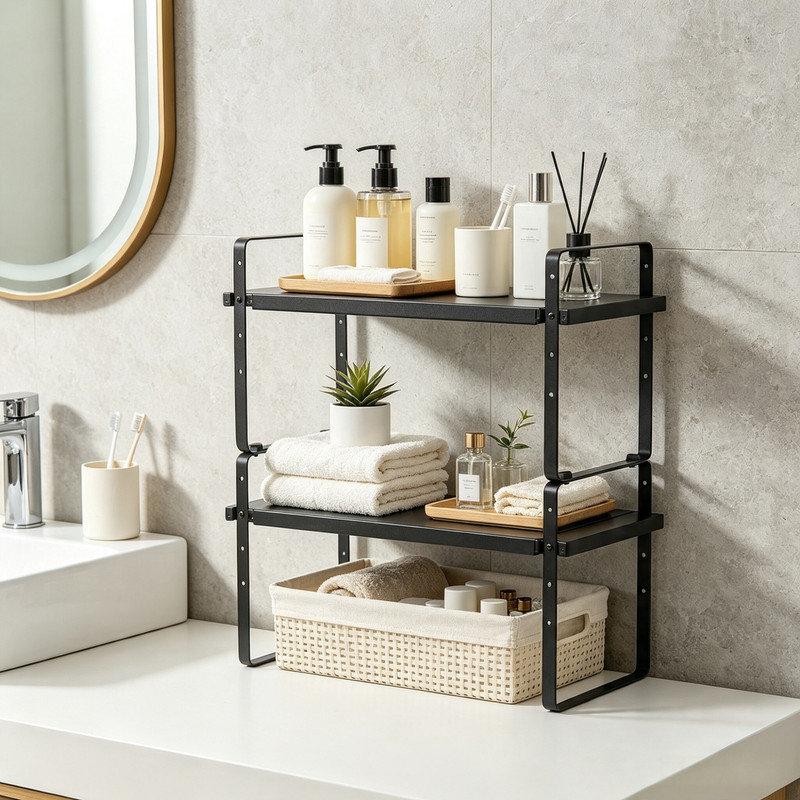 Organisateur de comptoir en fer extensible à 2 niveaux, étagère de rangement empilable moderne, organisateur polyvalent pour dortoir, cuisine, salle de bain et bureau, tablette réglable pour économiser de l'espace, noir