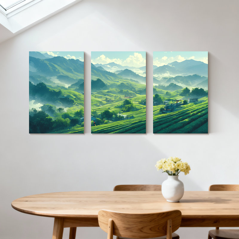 «Landscape & Nature Mountain Landscape with Green Fields and Misty Vallées», ensemble de 3 impressions sur toile