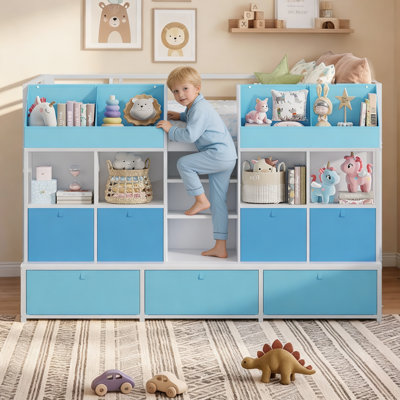 Lit mezzanine enfant simple avec tiroirs et étagères de rangement et coffres à jouets, lit capitaine plateforme en métal avec éclairage DEL et chargeur intégré