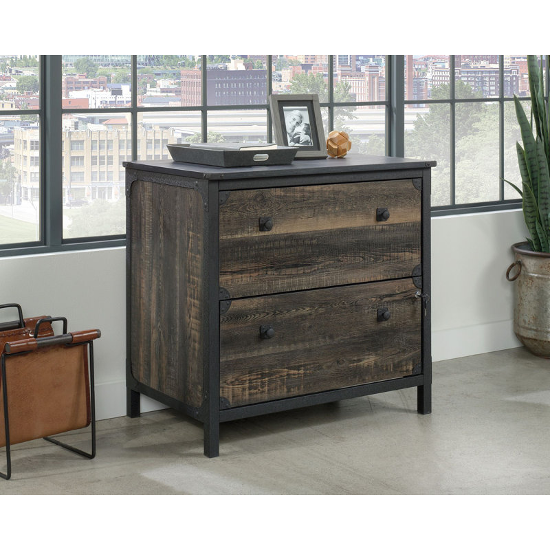 Carbon Oak 2-Drawer Lockable Lateral File Cabinet with Metal Frame
