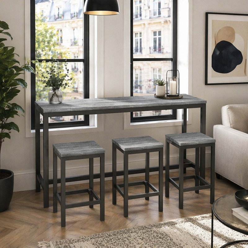 Table de salle à manger de cuisine moderne, table de pub, ensemble de table de salle à manger longue avec 3 tabourets, assemblage facile, gris