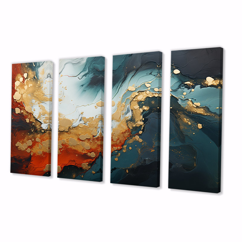 «Blue and Golden Marble Storm IV», art abstrait, 4 pièces, H 28 po x l 48 po