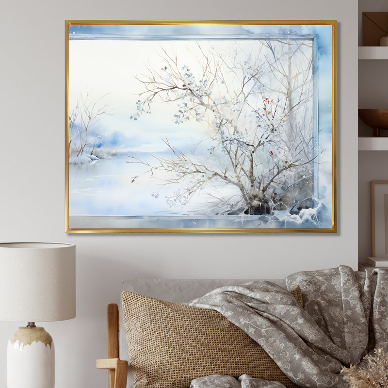 «Frosty Scenic Winter Landscape I», art mural paysage d'hiver, Cadre flottant doré, H 16 po x l 32 po x P 1 po