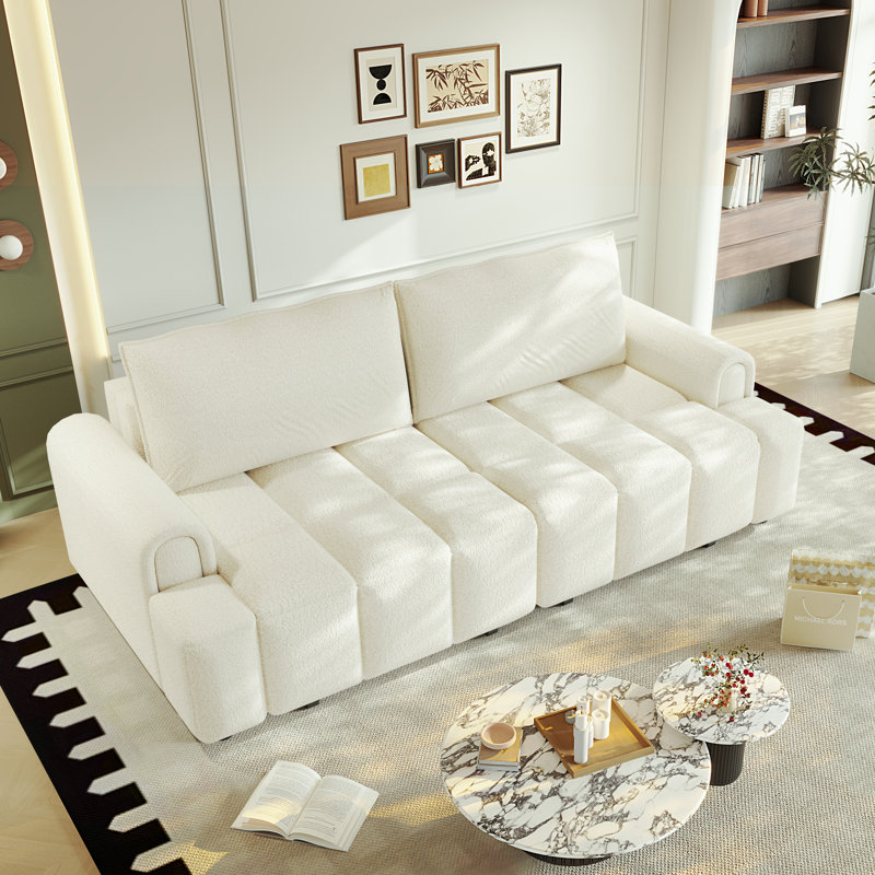  90.2" Teddy Upholstered Sleeper Sofa Bed King-Size Pull-Out Sofa Convertible Couch Bed With Underseat Storage, Beige