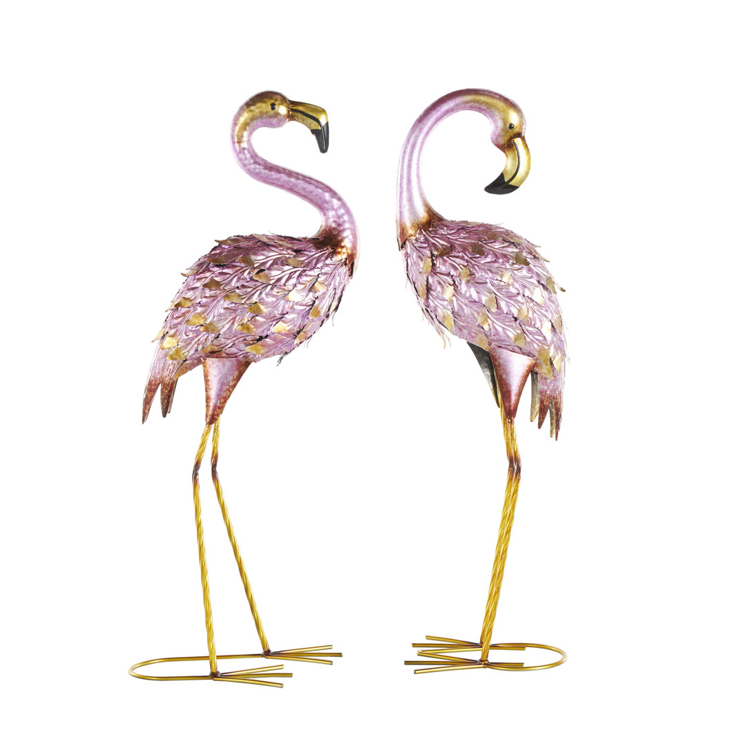 Pink Arrianna Flamingo Animals Metal Garden Statue with Dimensional Feathers and Gold Accents (Set of 2) Bayou Breeze