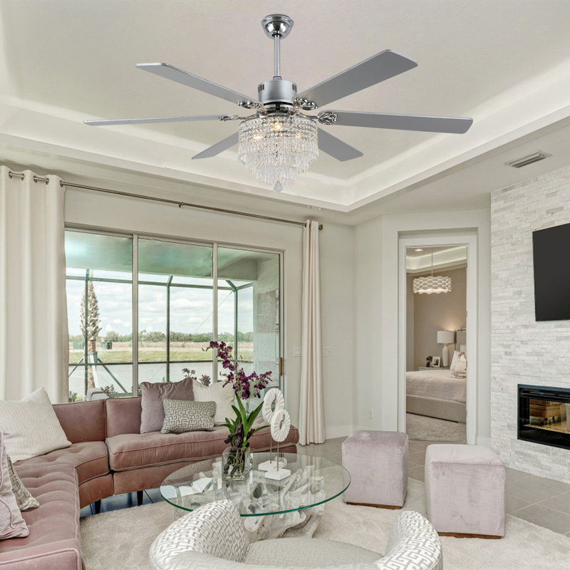 65 Inch Modern Crystal Ceiling Fan with Light and Remote, 6-Speed Quiet DC Motor, Timer for Large Living Room, Bedroom