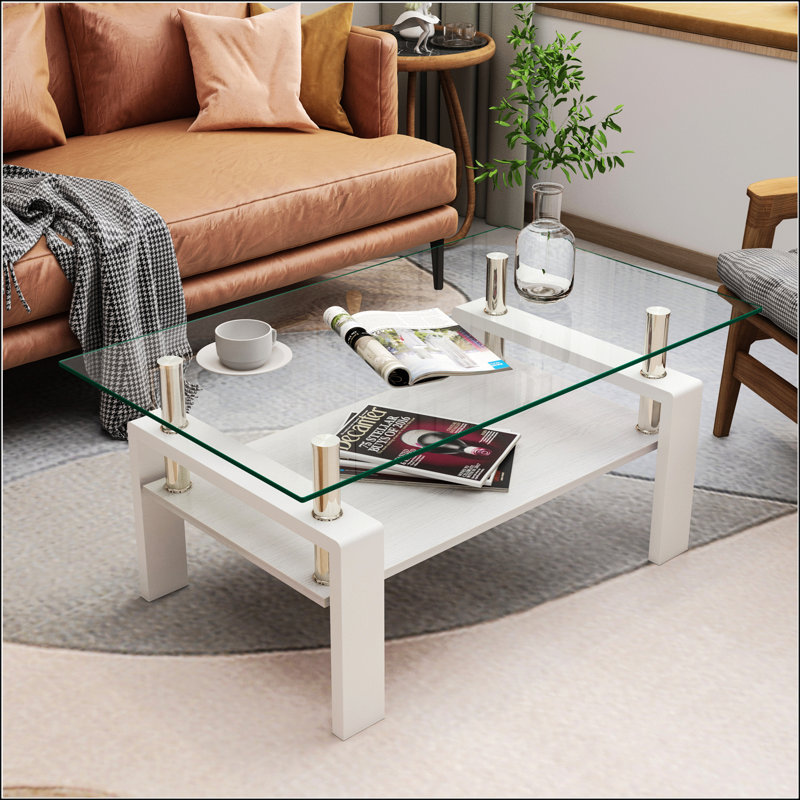 Rectangle Coffee Table With Tempered Glass Tabletop, Clear, White