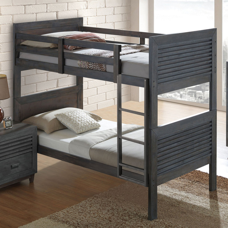 Lit simple superposé au-dessus de style transitionnel avec structure réversible en bois massif brun anthracite, conception à lattes, tête de lit à panneau et convertible pour chambre à coucher