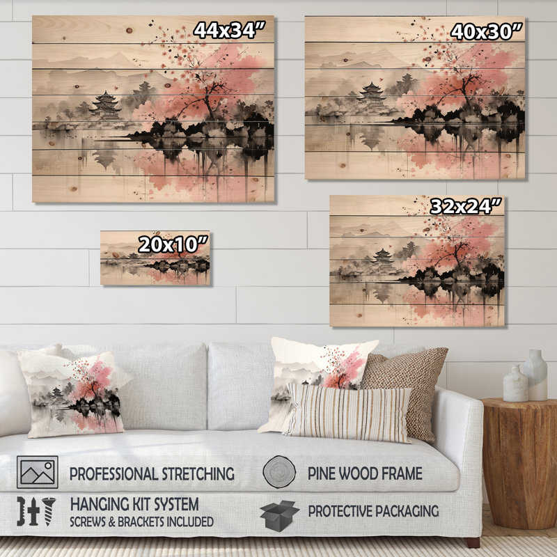 Art asiatique, lac Sumi III sur bois, H 10 po x l 20 po x P 0,78 po