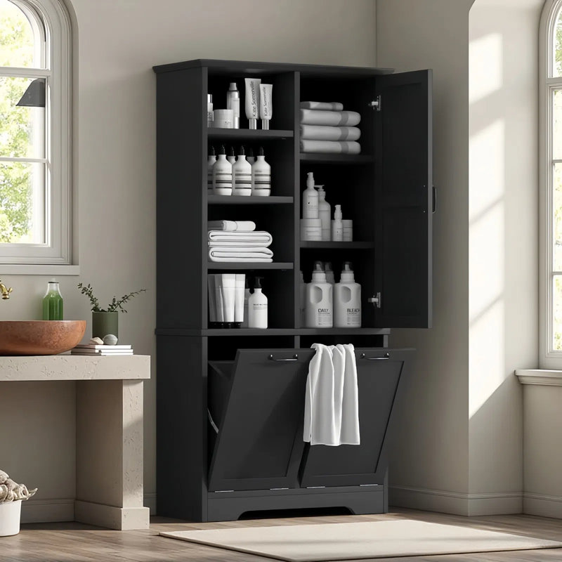 Armoire de rangement pour salle de bain avec portes et panier à linge inclinable, Noir