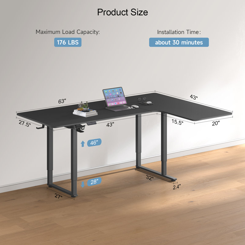 Lemarion Adjustable L-Shaped Metal Base Standing Desk with Power Outlet, Black, 46" H x 63" W x 43" D