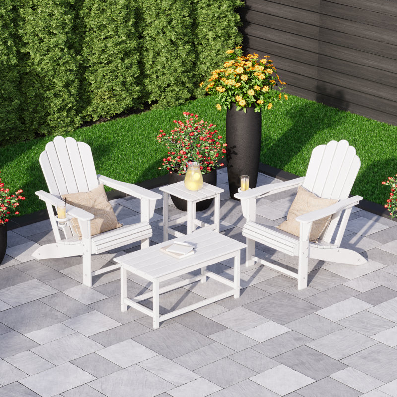 Ensemble de 4 chaises d'extérieur en poly Adirondack avec table d'appoint et table basse, Blanc