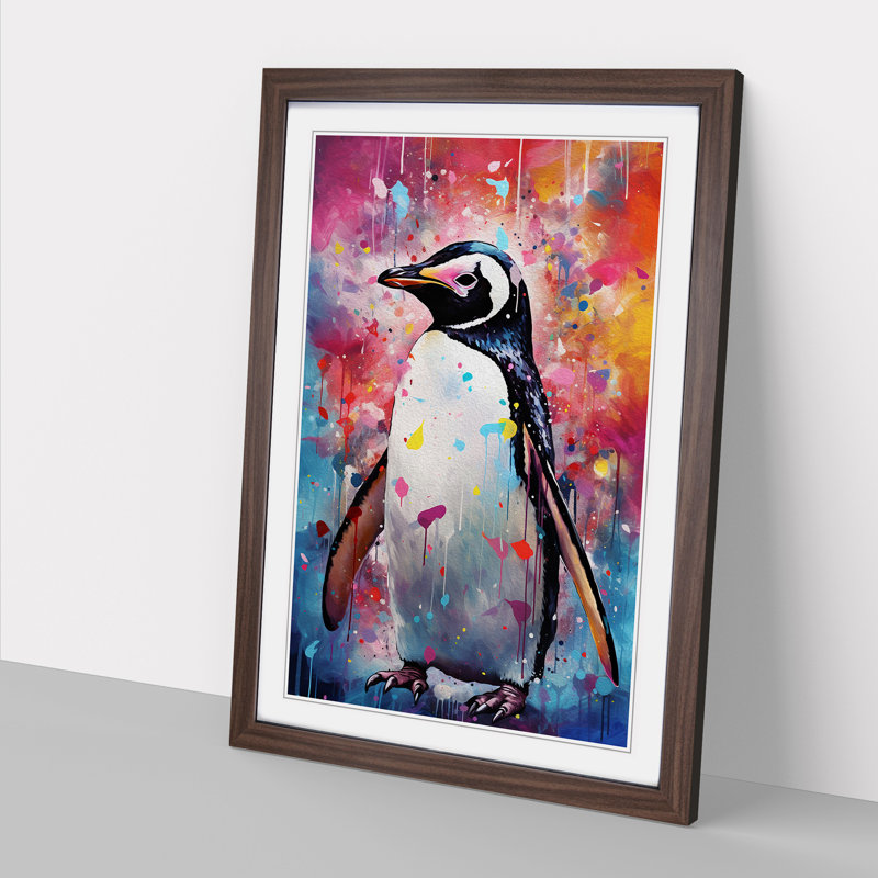 Penguin Abstract - Single Picture Frame Print on Wood, 34cm H x 25cm W x 2cm D, Walnut Framed