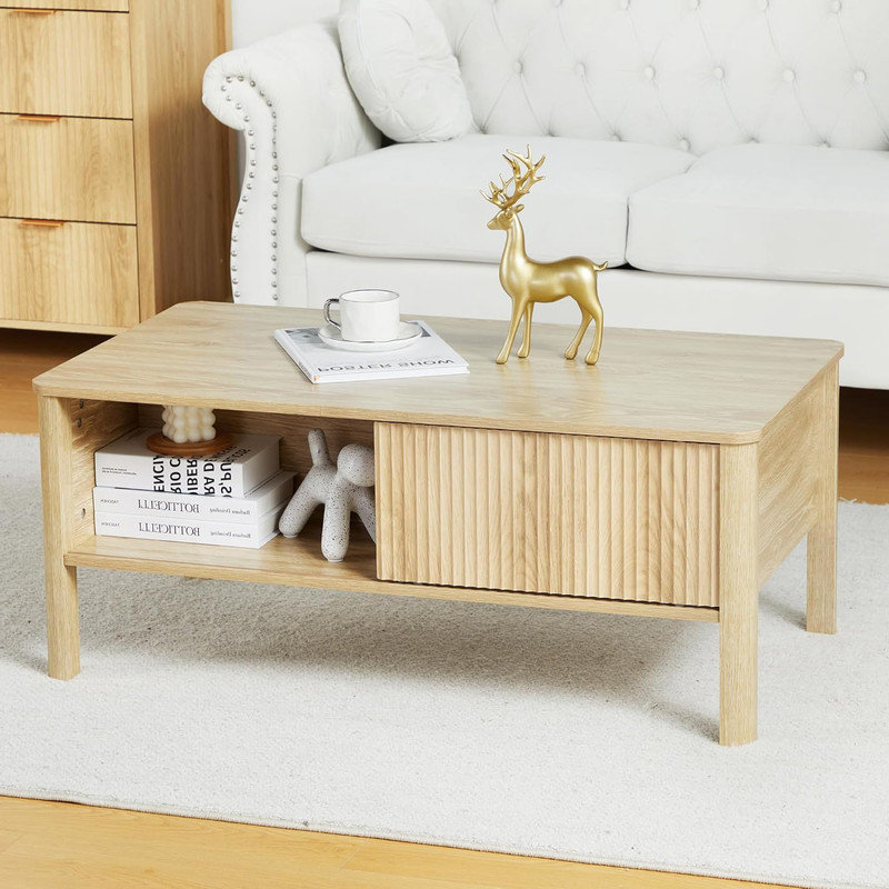 Natural Mid-Century Modern Rectangular Wood Coffee Table with Sliding Door