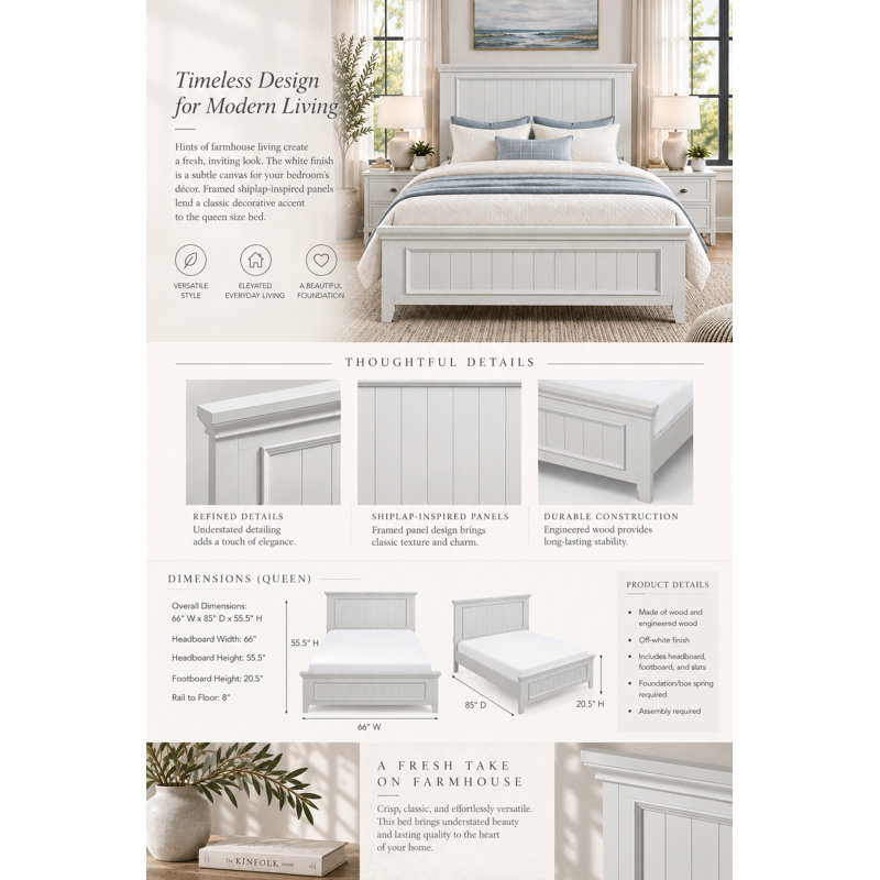 Monteith Shiplap-inspired Panel Bed in Off-White, Queen