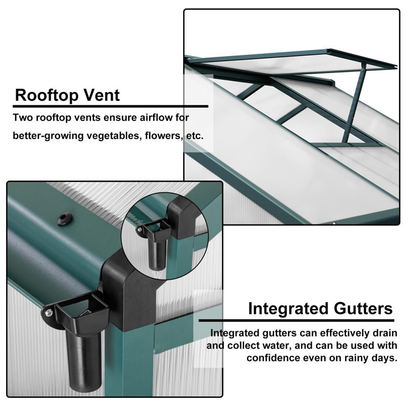 Green 6x10 FT Polycarbonate and Aluminum Outdoor Greenhouse