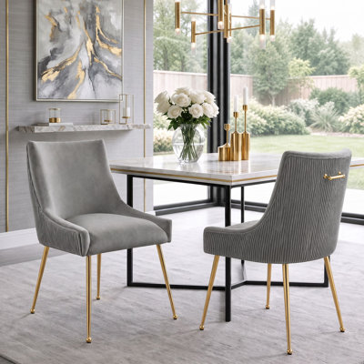 Velvet Upholstered Dining Chairs With Gold Pull Handle