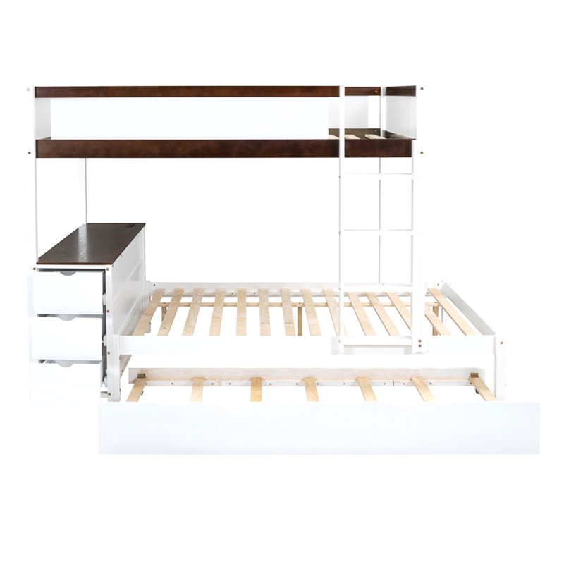 Lit superposé double avec lit gigogne simple, rangement et bureau, blanc et noyer, White/Walnut