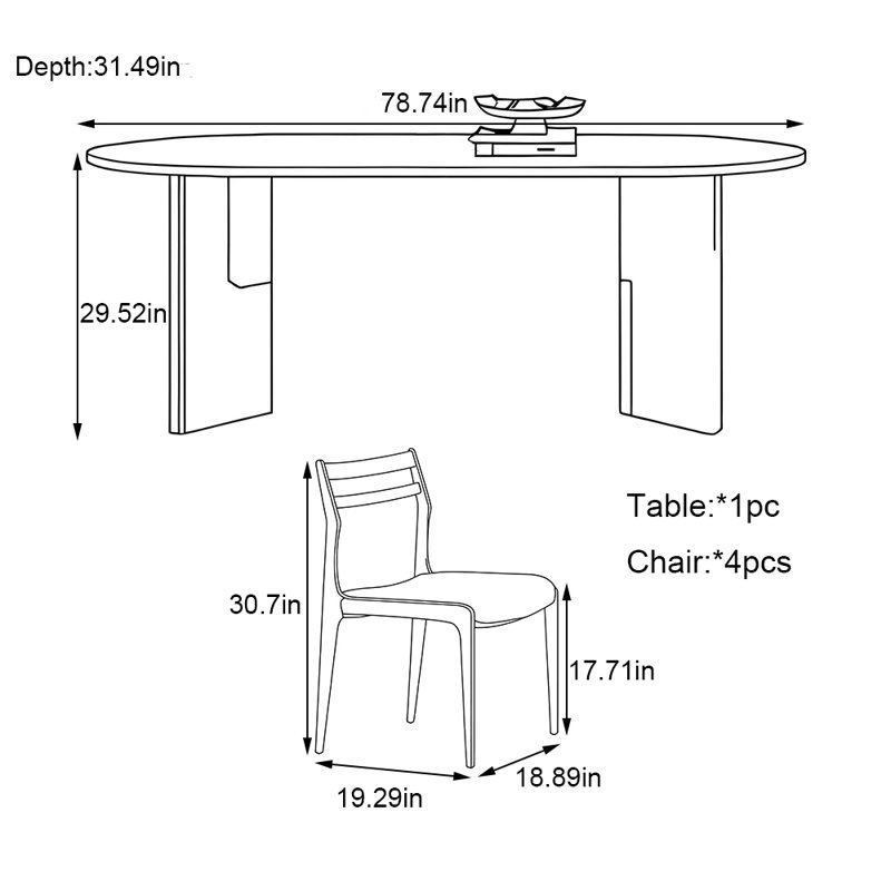 Ensemble de table de salle à manger ovale en bois massif, H 29,52 po x L 78,74 po x l 31,49 po