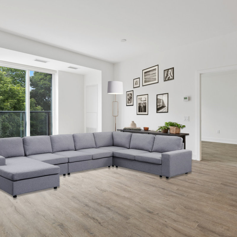 146.5" Modular Sectional Sofa With Reversible Chaise, Light Gray Linen
