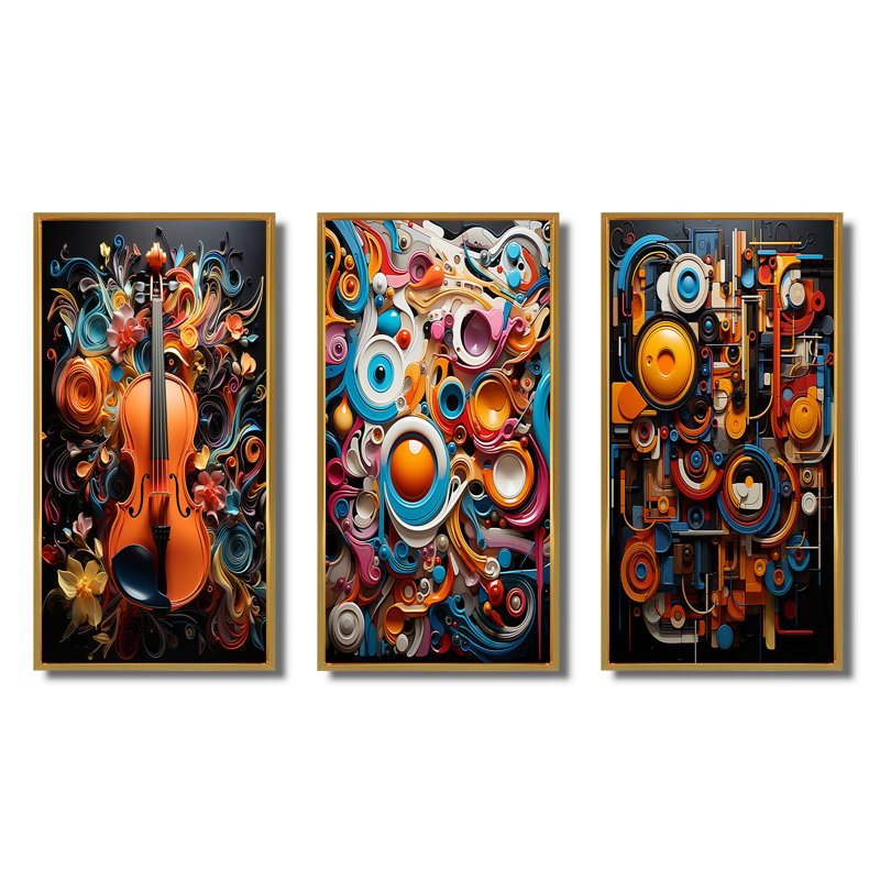 «Opt Art Vibrant Symphony», 3 pièces sur toile, Cadre flottant doré, H 28 po x l 36 po