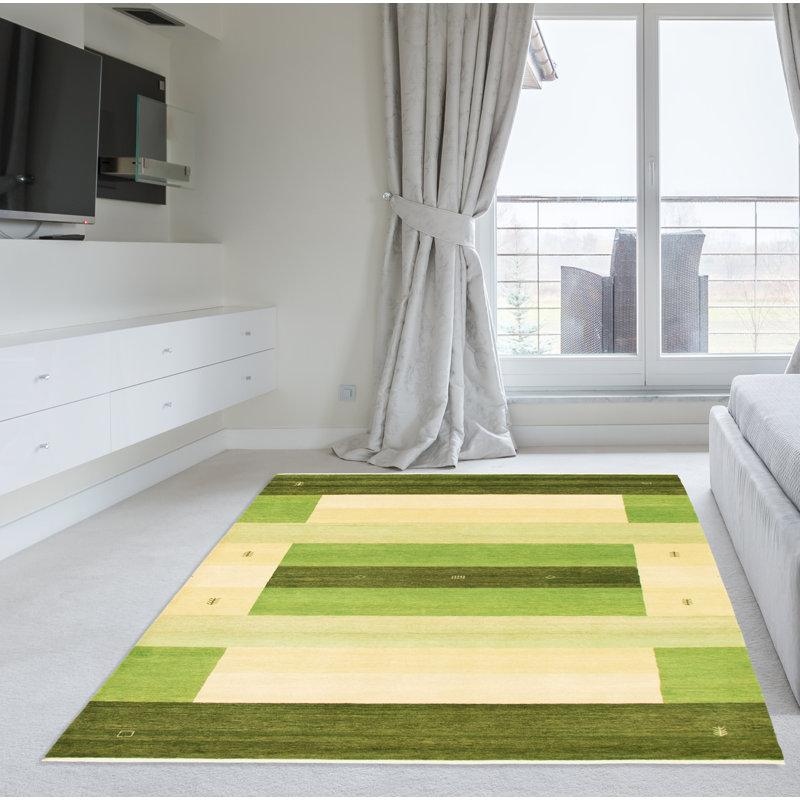Tapis décoratif vert en laine de conception unique 6 pi 9 po x 9 pi 7 po noué à la main New Age
