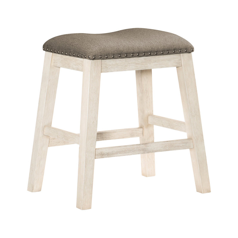 Table de salle à manger à hauteur de comptoir 5 pièces, table blanc antique et 4 tabourets, siège en tissu brun, garniture cloutée multifonctionnelle - 5 pièces avec tabourets et chaises