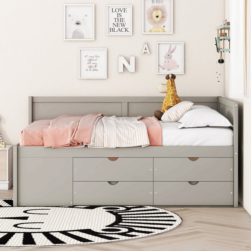 Lit de jour double avec tiroirs et tablettes, Gris, Lit double