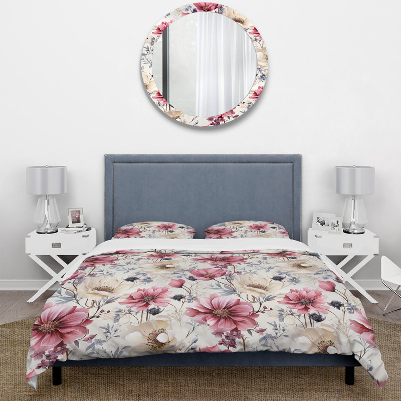 Ensemble de housse de couette rose et beige Wildflower Paradise I, Housse de couette pour grand lit et 2 taies décor
