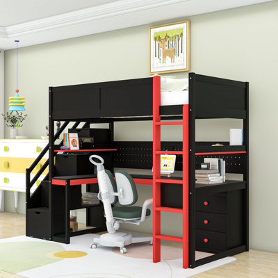 Wooden Loft Bed with Built-in Desk and Storage