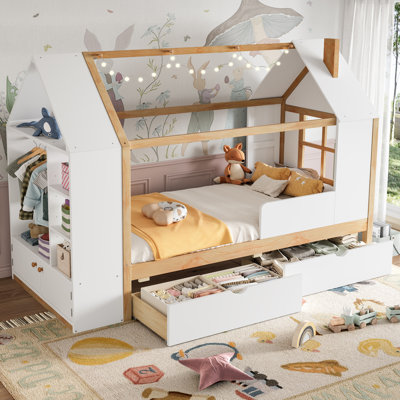 Lit plateforme simple avec tiroirs, lit maison en bois massif avec tablettes, conception enfantine, blanc et naturel