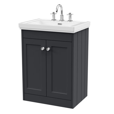 Old London Ashwick Pebble Grey 600mm Floorstanding 2-Door Unit With Basin 3 Tap Hole