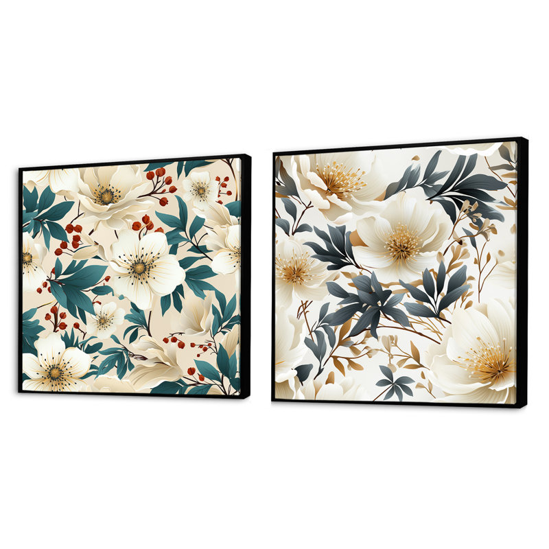 Coastal Tranquil Florals Collage Unveilé III - Ensemble de 2 collages floraux carrés, Cadre flottant noir, H 16 po x l 33 po