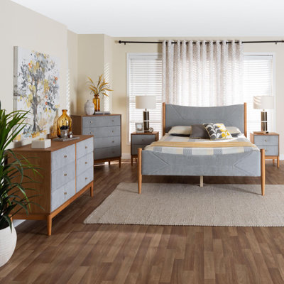 Taylin Mid-Century Grey Corduroy And Oak Brown Wood Queen 5-Piece Bedroom Set by George Oliver