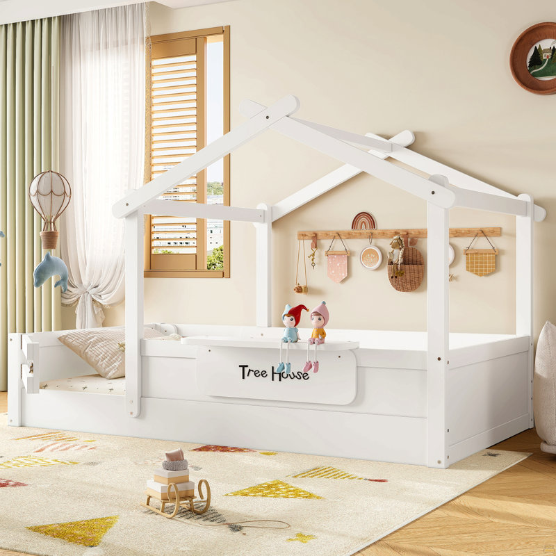 Lit simple au sol avec garde-corps et toit, lit pour enfant, Twin, Blanc clair