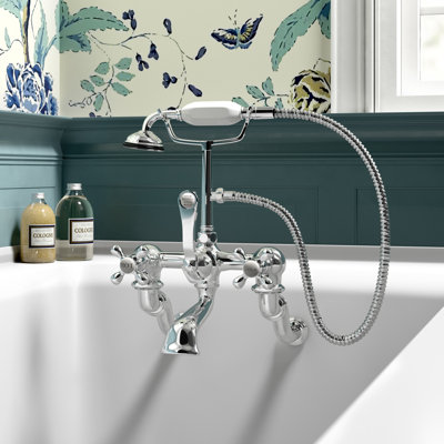 Kingston Brass Vintage Three-Handle 2-Hole Tub Wall Mount Clawfoot Tub Faucet with Hand Shower