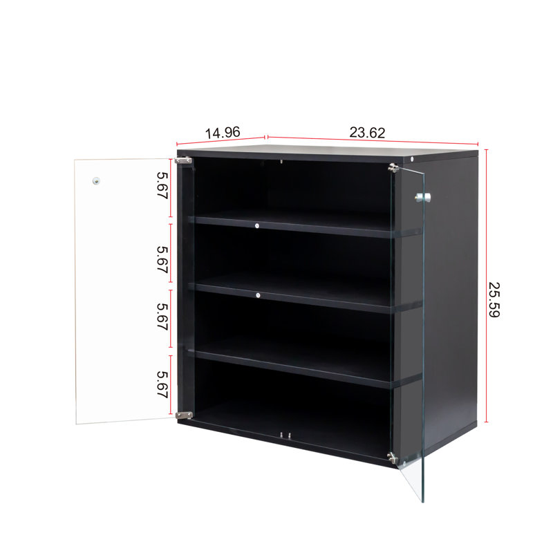 Quality Shoe Storage Bin With Led & Glass Door - 4 Tier Stackable Display Case For Sneakers Box Wooden, Black