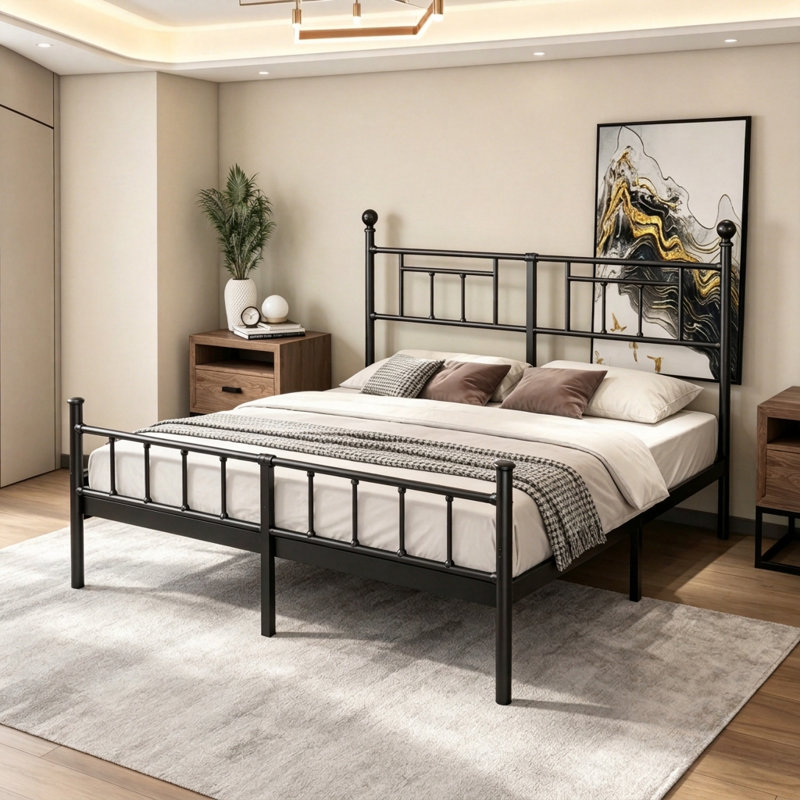 18"King Size Bed Frame, Metal Platform Bed Frame With Headboard, No Box Spring Needed With Sturdy Steel Slat Support, Easy Assembly, Black