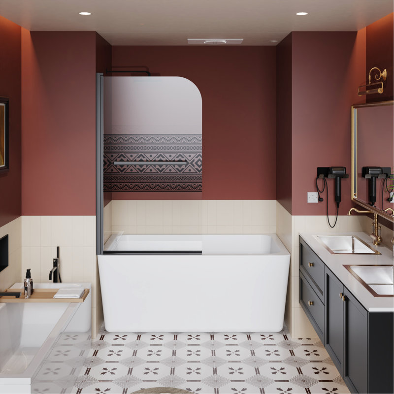 32.In W X 55.In H Shower Door Bathtub, 1/4 Inch Thick Bohemian Patterntempered Glass Shower Door With Stainless Steel Handle, Black